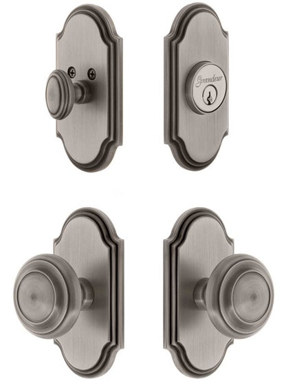 Grandeur Arc Entry Door Set, Keyed Alike with Circulair Knobs in Antique Pewter.